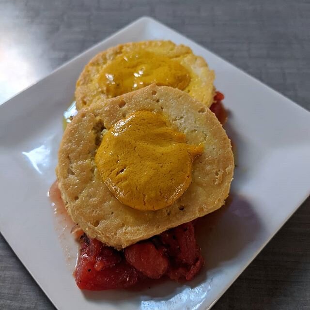 Good Morning. Today's brunch specials are Tofu Fried "Eggs" over Sweet Italian Tomatoes and a French Toast Stack topped with Powdered Sugar and Strawberries. Both served with Breakfast Potatoes. Have a wonderful day